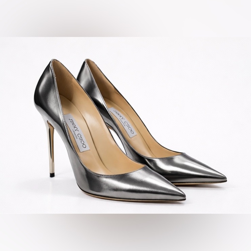 Jimmy Choo Abel Metallic Silver | Gunmetal Pointed-Toe Pumps | Size 38